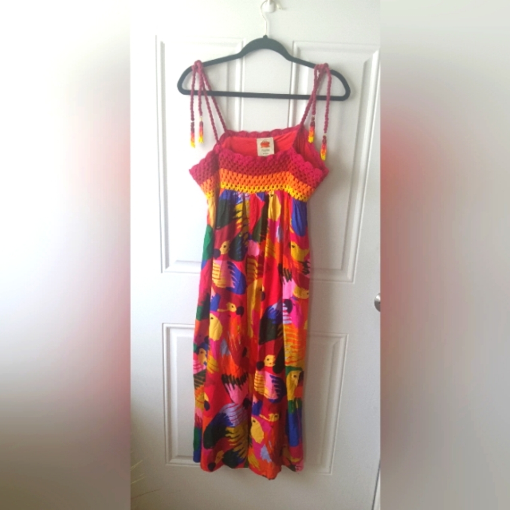 Farm Rio sundress cover-up XS S M crochet and beaded tassles